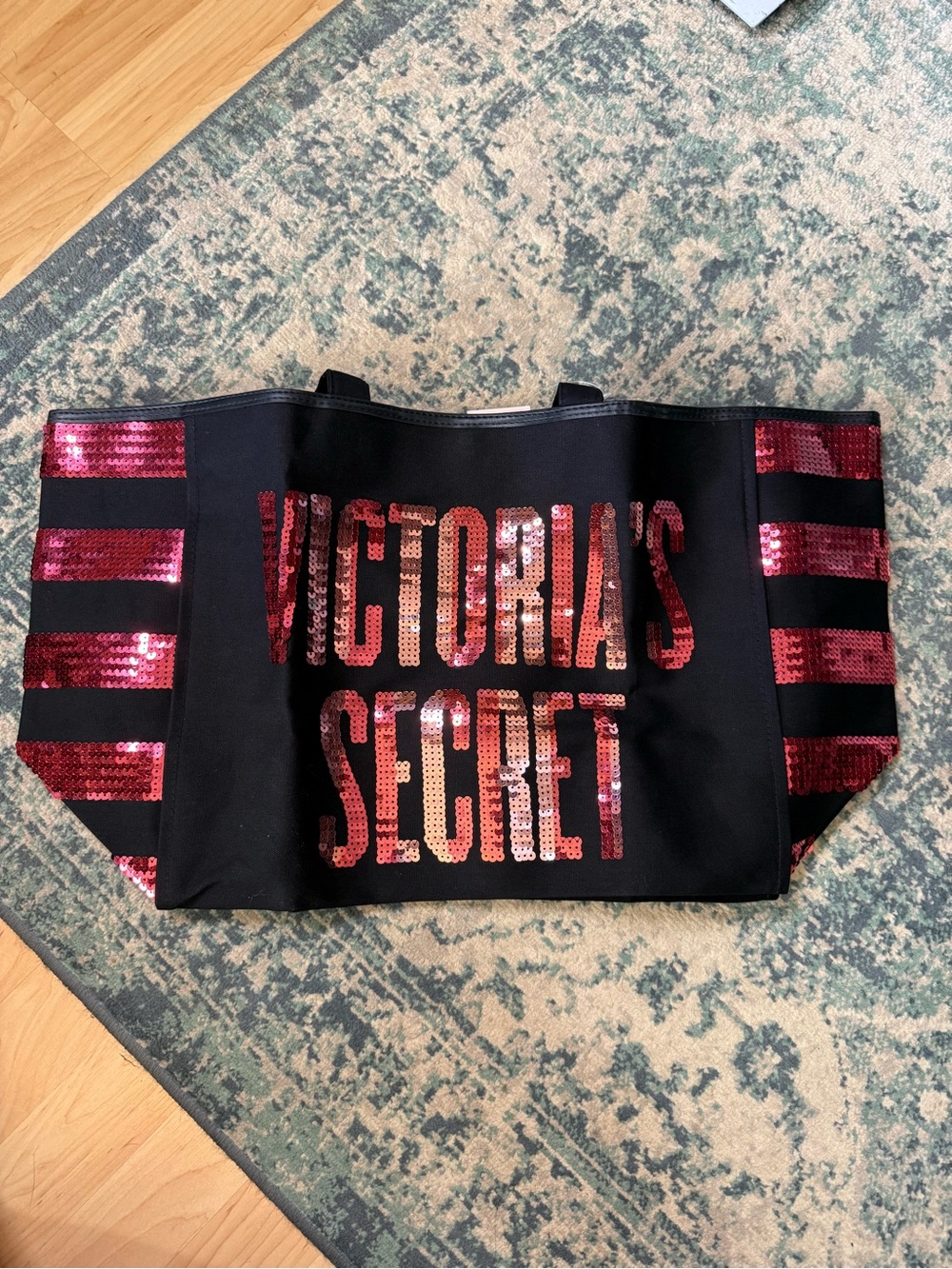 Victoria's Secret Black Tote with Pink Sequin Logo and Side Stripes